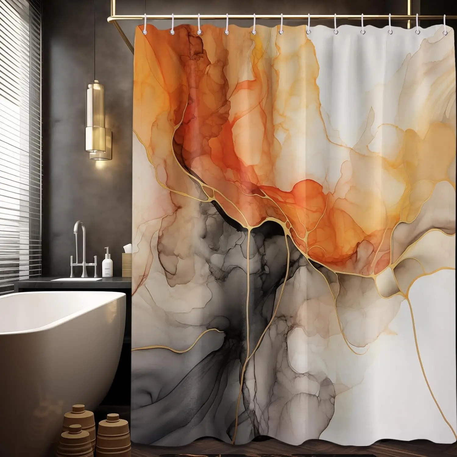 

Orange Marble Shower Curtain Abstract Modren Crack Colorful Bathroom Decor, Waterproof Cloth Fabric with Hooks