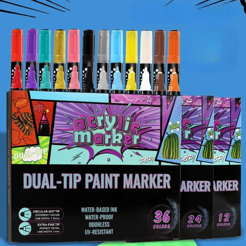 

12/24/36 Color Double-head Acrylic Marker Waterproof Not Faded Stackable Colors for Painting Graffiti Art Cartoon Illustration