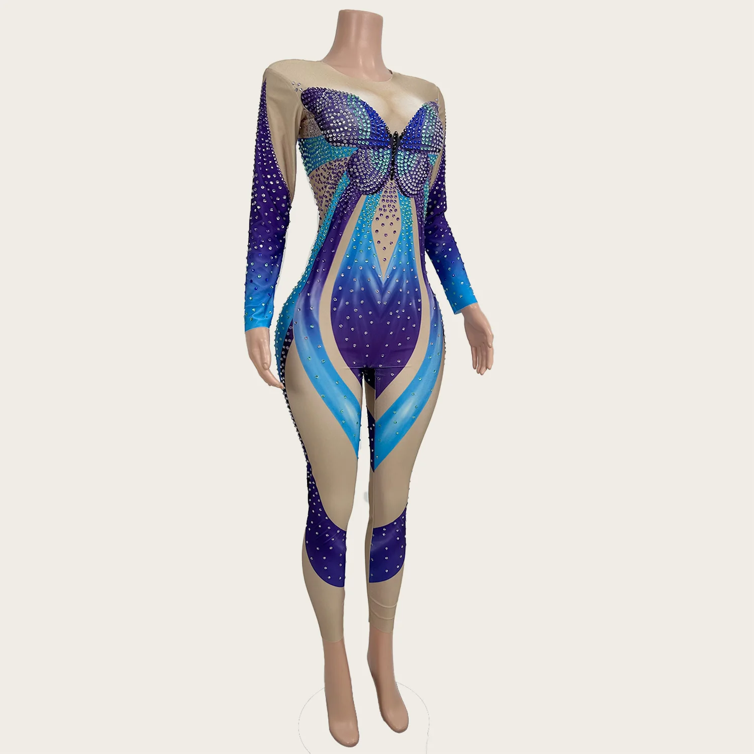 Lanhudie Spandex Elastic Butterfly Print Tight Fitting Jumpsuit Night Party Outfit Event Stage Performance Fancy Sexy Jumpsuit