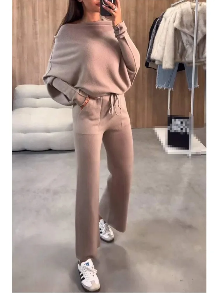 

Fashion Batwing Sleeve Tops 2 Piece Sets Women Sexy Off Shoulder Pullover Pants Sets Autumn Winter Solid Wide Leg Pants Outfits