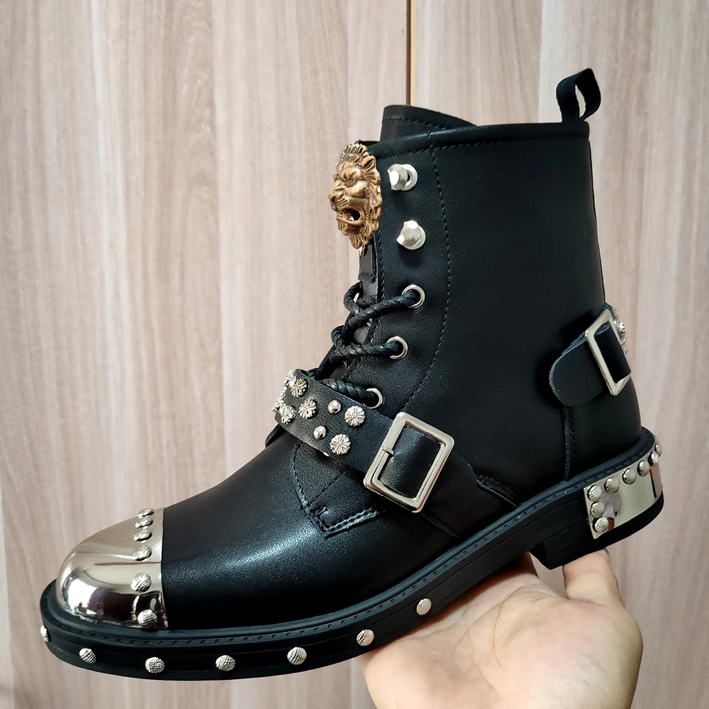 Men\'s punk style leather motorcycle boots Men\'s shoes Short metal studded shoes High quality boots zapatos sapatos A7