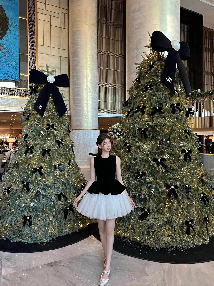 

Princess Style Velvet Patchwork Ballet Dress Sleeveless Mesh Vest Puffy Skirt Women Spring Season Casual Wear A-Line Skirt