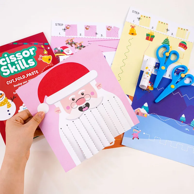 Christmas Paper‑Cut Craft Set Kids Paper Cutting&Pasting Activity Book for Early Learning Toy for Fine Motor Skill Development