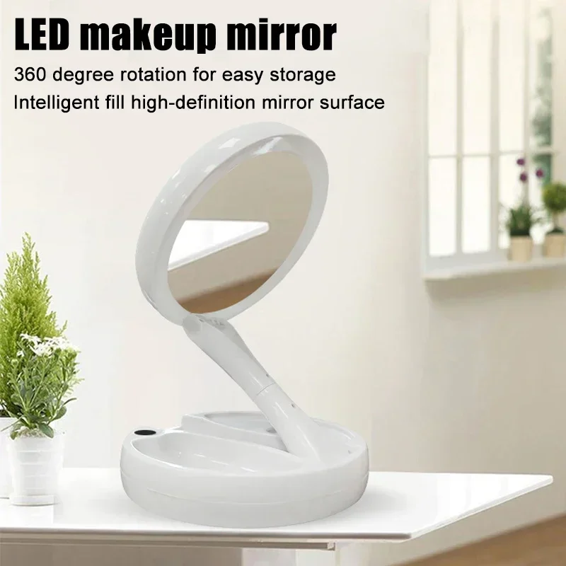 Miroir de courtoisie pliable lumière LED miroir blanc maquillage 360 ° Rotation Détachable/Base de Rangement Miroir 3 Modes avec Chargeur USB