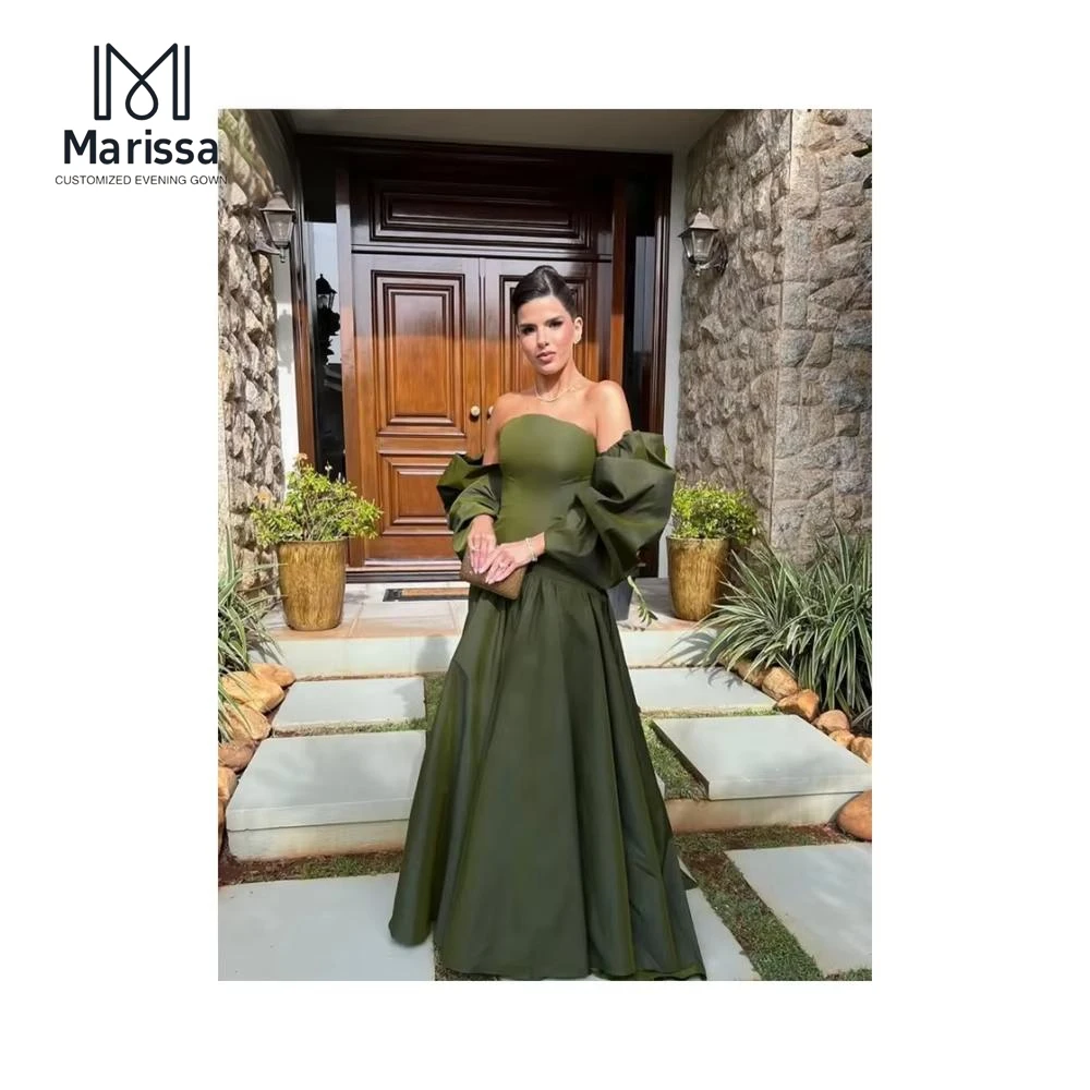 マリッサ オフショルダー サテン イブニングドレス 高級パーティー カスタムメイド プロムドレス ラインA ボールガウン 取り外し可能パフスリーブ 2025