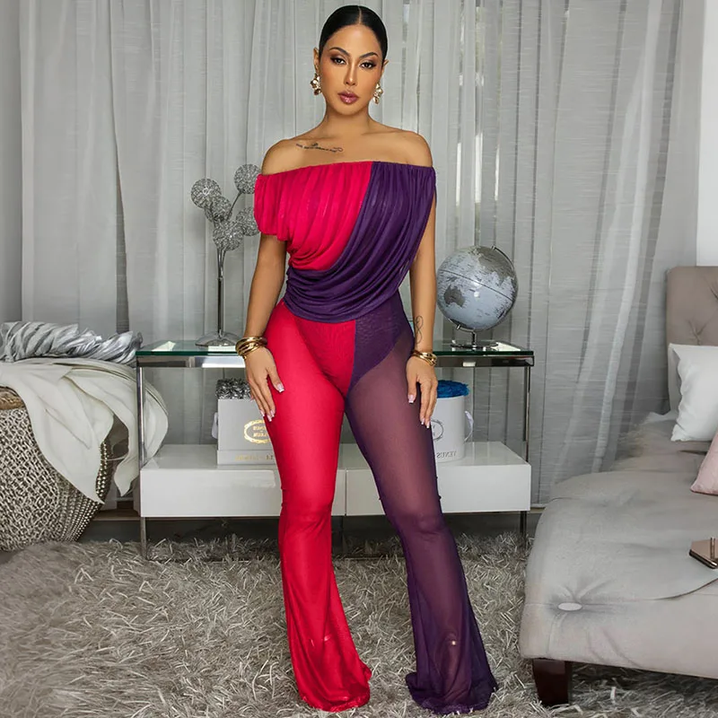 Sexy See Through Mesh Jumpsuits for Woman Y2K Clothes Party Club Night Off the Shoulder Ruched Color Patchwork One Pieces Romper