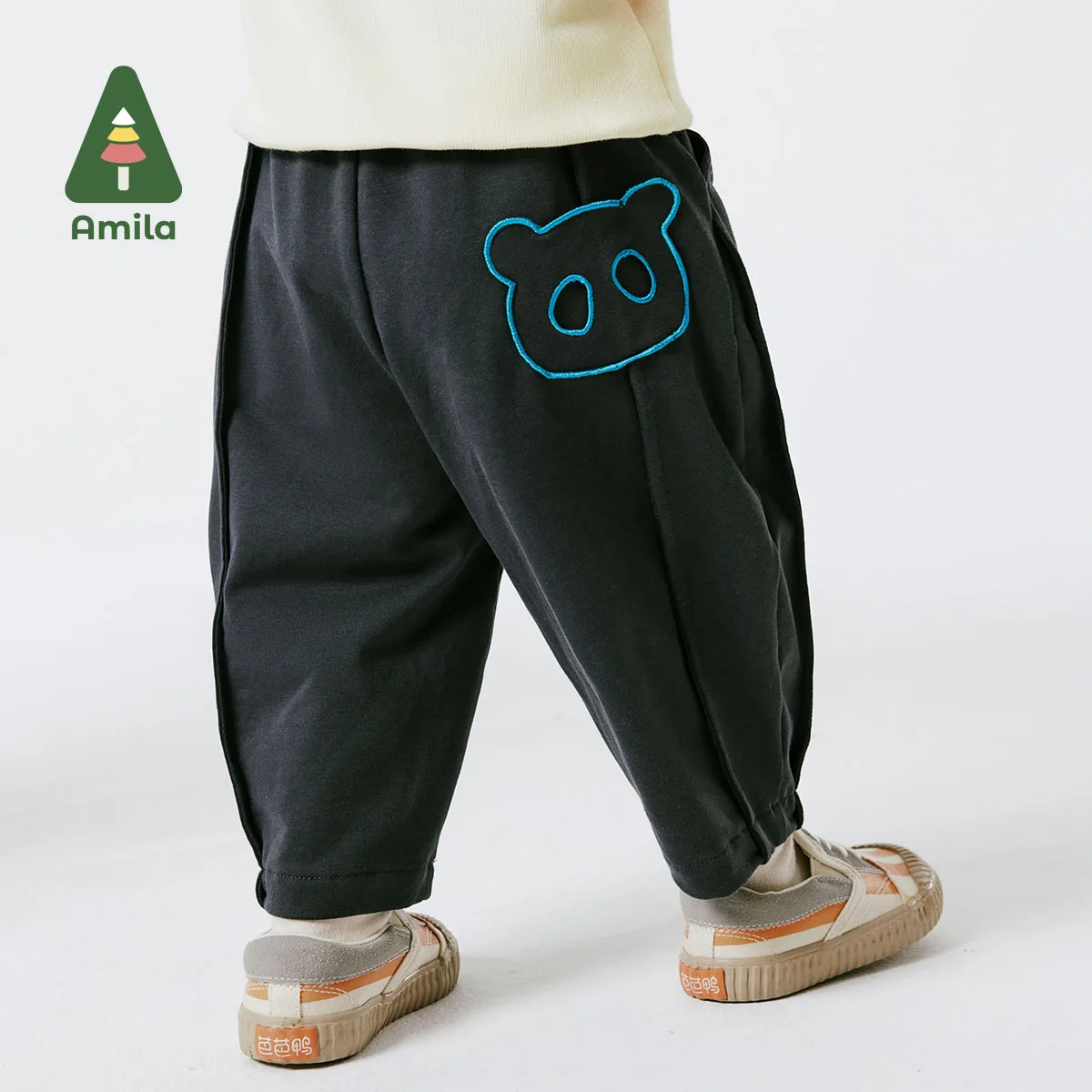 Amila 2024 Spring New Boys Casual Pants Cartoon Embroidery Pocket Solid Color Design Sense Athletic Sweatpants