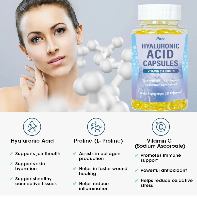 New Hyaluronic Acid Capsules Supplement for Healthy Support Connective Tissue and Joints Promote Youthful Healthy Skin