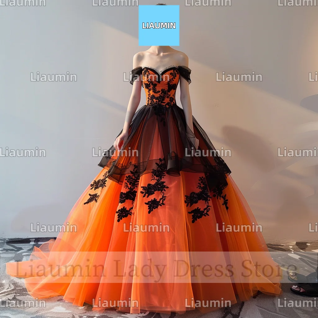 Modern Style Orange Tulle Black Lace Applique Off The Shoulder Prom Formal Dresses Evening Clothing Lace Up Back Custom A4-10.5