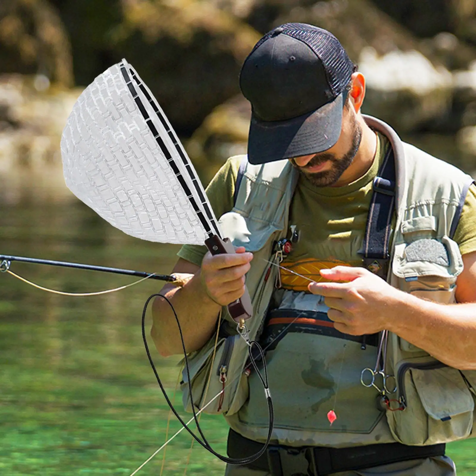 

Рыболовный подсак с деревянной резной ручкой, складная силиконовая рыболовная сеть для ловли, аксессуары для рыбалки с речным потоком