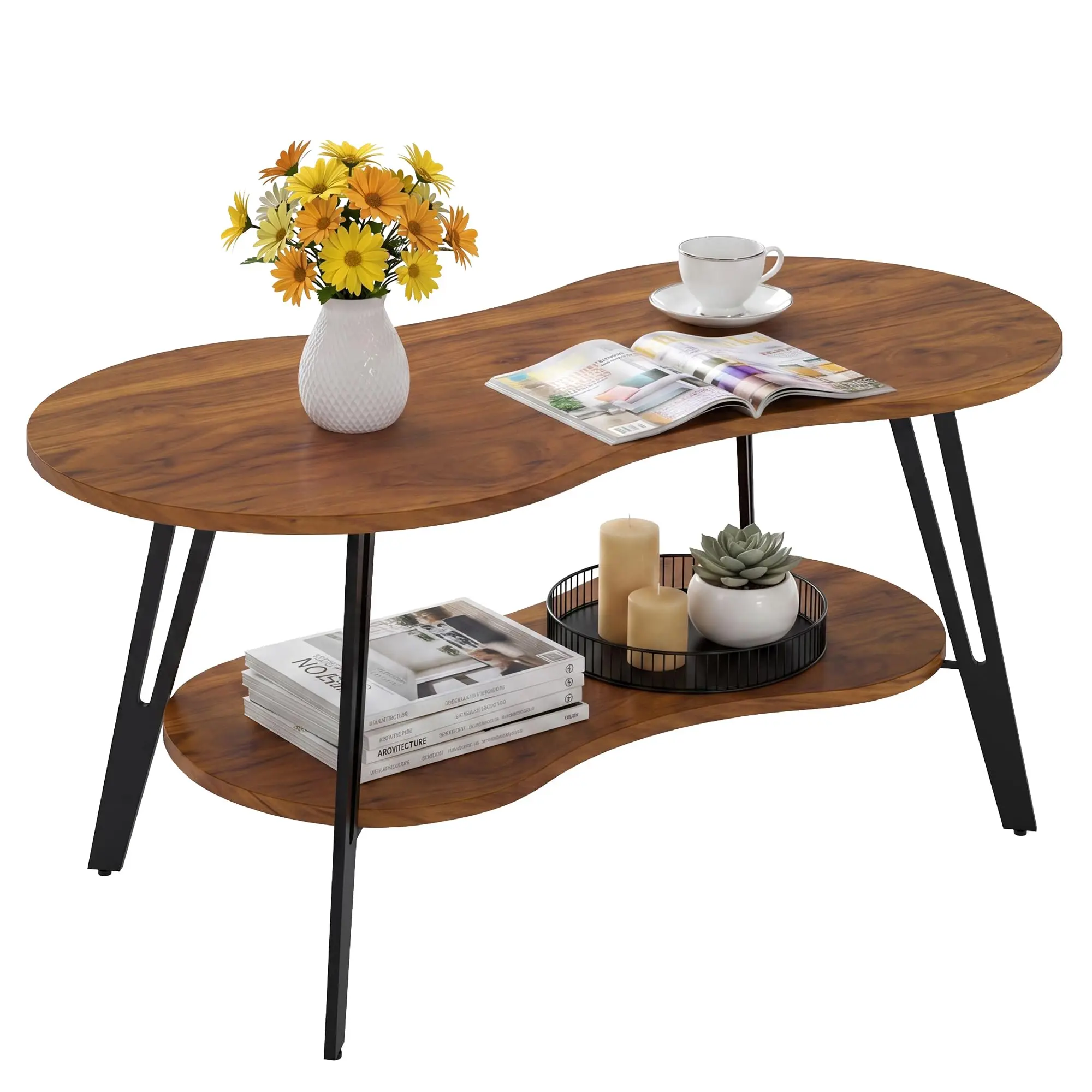 

Walnut Brown Mid-Century Modern Asymmetrical Coffee Table With Black Metal Legs, Waterproof Scratch-Resistant Two-Tier Design