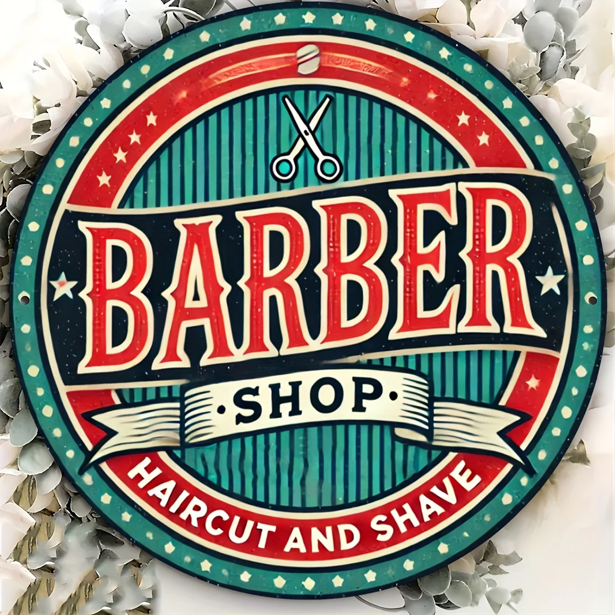 قطعة واحدة من لافتة ألومنيوم مستديرة لصالون الحلاقة الرجعية، مقاس 8 × 8 بوصات لوحة فنية جدارية معدنية عتيقة، مقاومة للماء والصدأ، سهلة التعليق، متينة