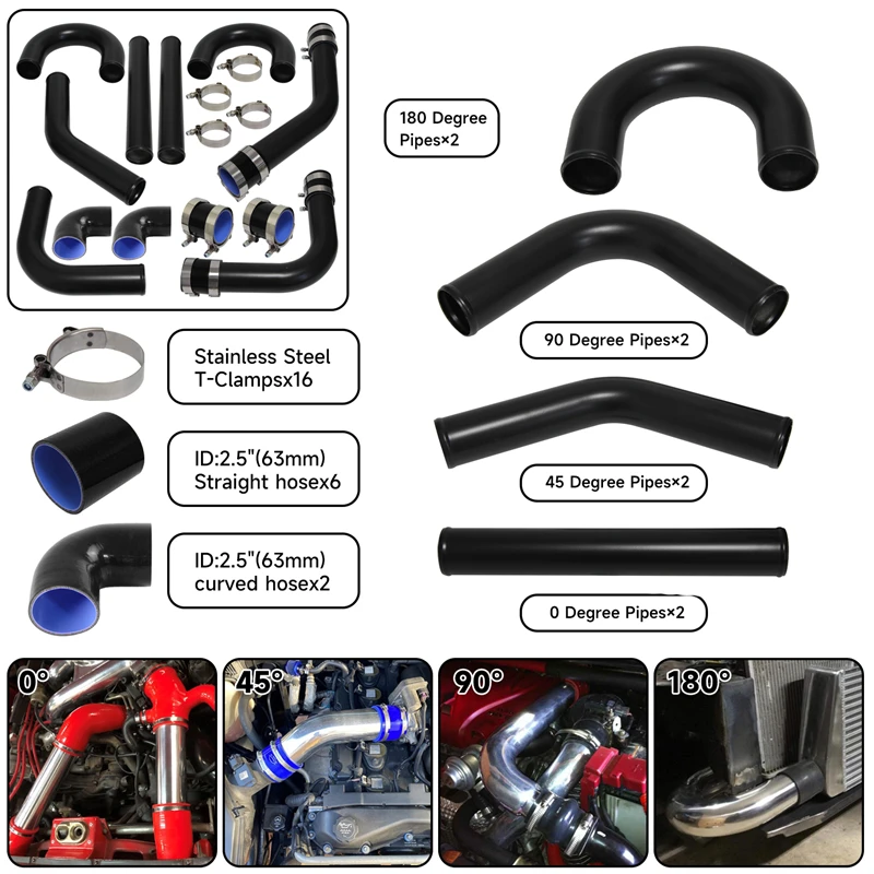 

2.5" 63mm Universal Intercooler Turbo Boost Piping Pipe 8PCS Hose Kit L=450mm