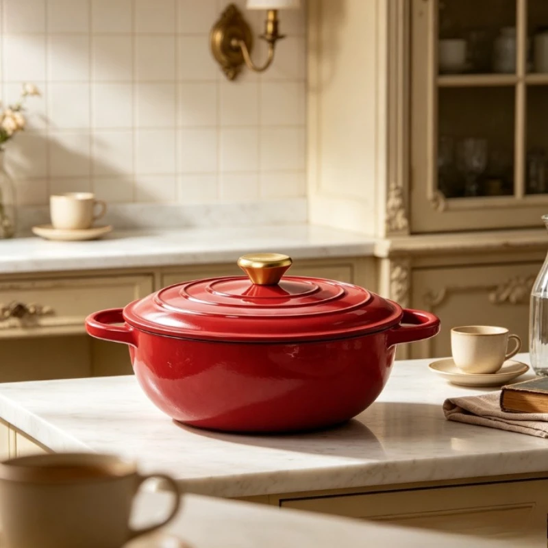 Enameled Cast Iron Pot 24cm Soup Pot Double Handle Micro-Pressure Dutch Oven Gas & Induction Compatible for Home Kitchen Cooking