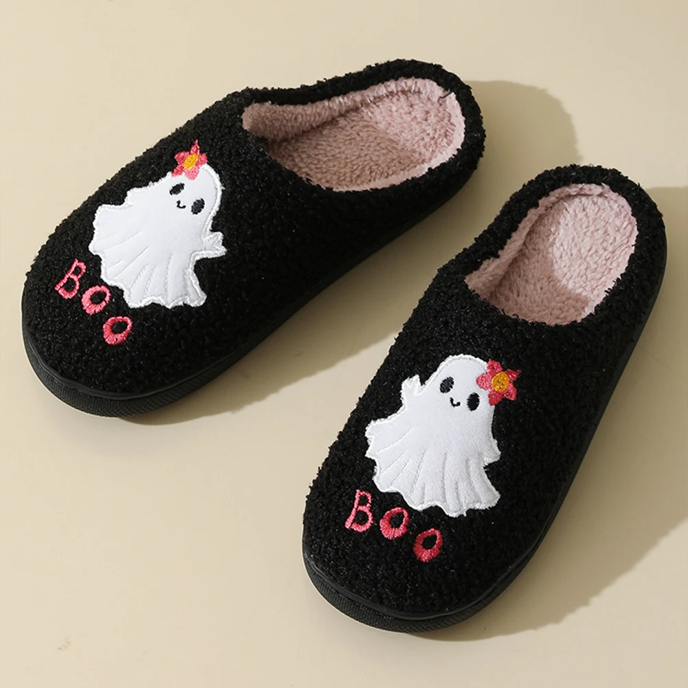 Halloween Ghost Plush Slippers Closed Toe Slippers Anti Slip Soft Furry Slipper Cute Spooky Slippers for Outdoor Indoor Bedroom