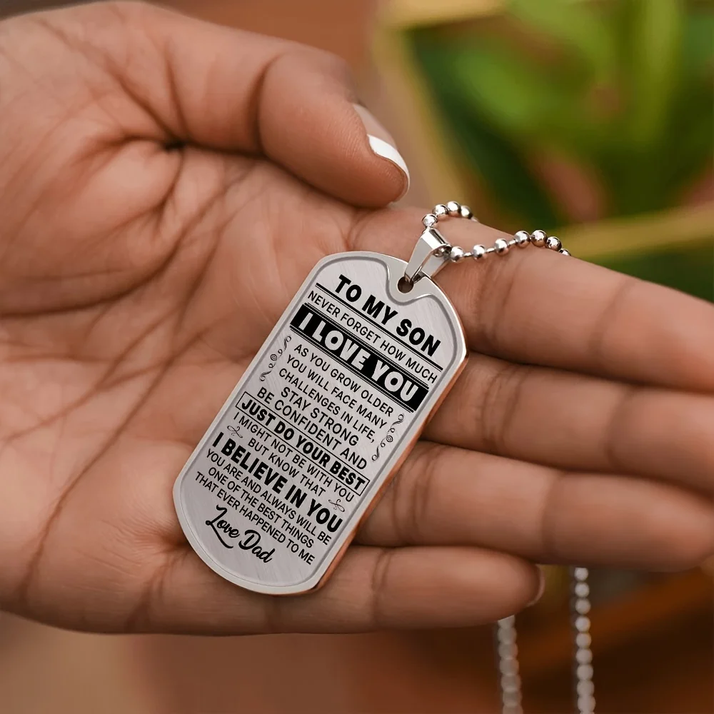 Text Print Dog Tag Stainless Steel Pendant Necklace, Anniversary, Graduation, Party, Birthday Gift From Dad To Son