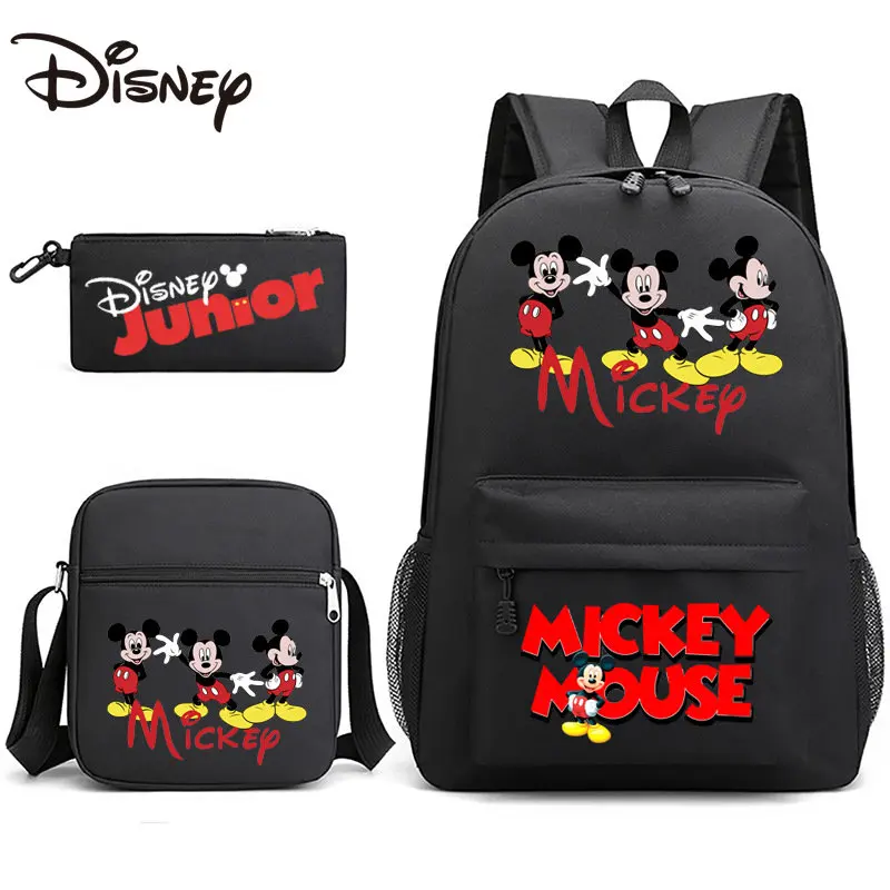 MINISO Disney Backpack Student 3-Piece School Bag Mickey Mouse Pattern Canvas Travel Bag  Backpack Women