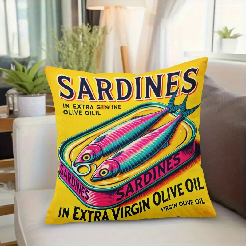1pc Vintage Sardines Tin Pillow Cover, Polyester 2D Double-Sided Print, Retro Pop Art Food Design, Kitchen & Home Car Decor Gift