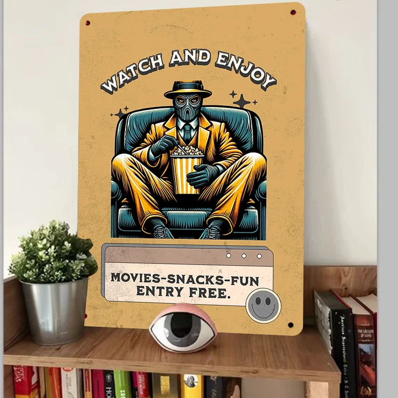 Vintage Movie Theme Metal Wall Art Masked Gentleman Popcorn Decorative Poster for Living Room Creative Cinema Sign
