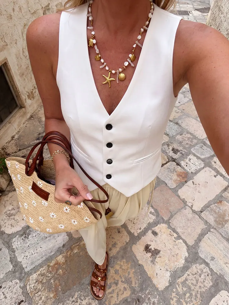 

Женский модный приталенный жилет HH с V-образным вырезом и пуговицами спереди для элегантных свиданий, повседневной носки, уличного стиля, вечеринок и отпуска