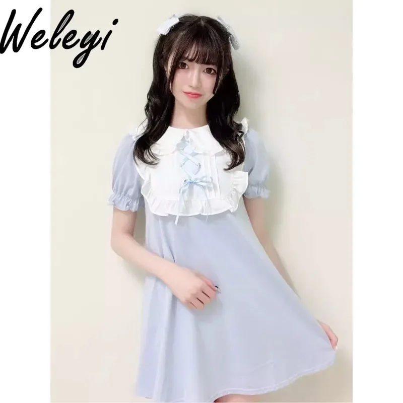 Kawaii Rojita Bow Princess Dresses Cutecore Mine Tie Doll Collar Cross Strap Bubble Short Sleeve Big Swing Belly Cover Sukienka