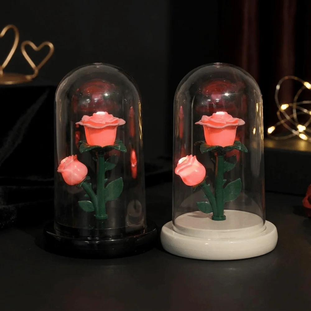 Romantic Eternal Rose Lamp with Lampshade Pink Rose Flower Night Light Luminous Creative LED Flower Light Mothers Day