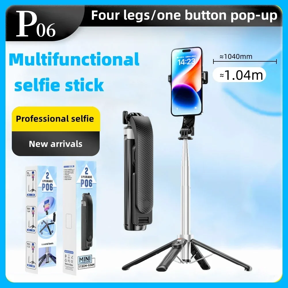 P06 Portable Selfie Stick 1.04m Retractable Stainless Steel Four-legged Stand with Wireless Remote Control and 1/4 Interface