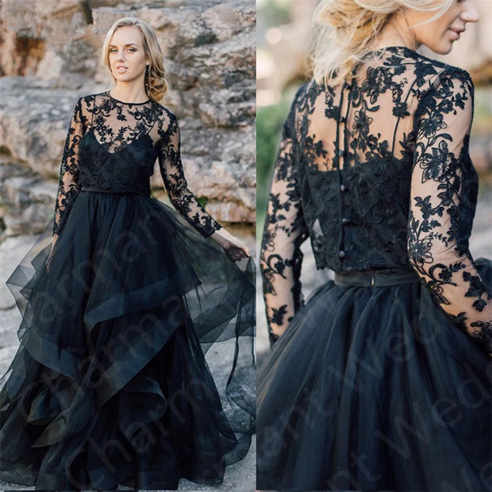 New Arrival Black Two Pieces Prom Gowns Lace Evening Dress Long Sleeves Ball Gown Wedding Party  with Bolero Tiered Skirt