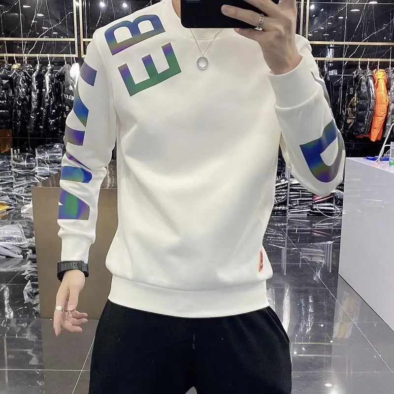 

2025 Spring Men's Korean Fashion Print Casual All Match Sweatshirt Appliques Streetwear Loose Hoodie Round Neck Long Sleeve Tops