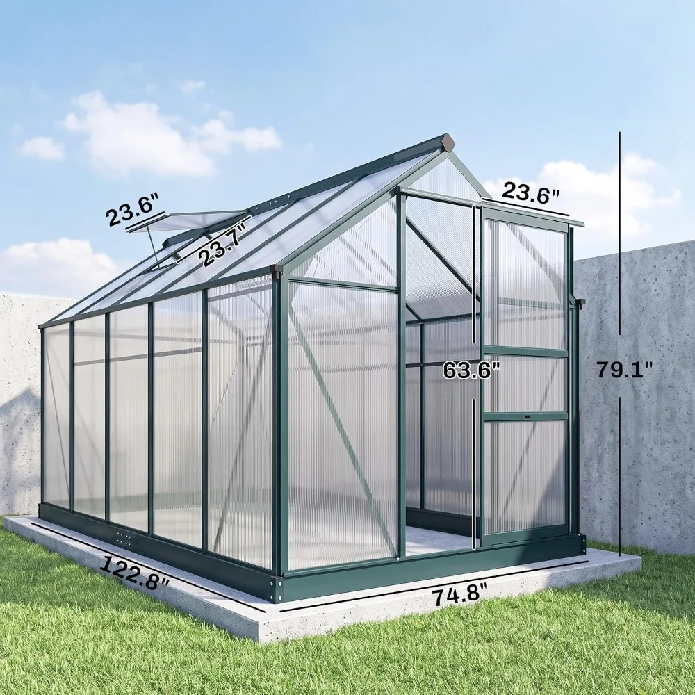 6 x 10 FT Walk-in Polycarbonate Greenhouse for Outdoors Dark Green, Custom