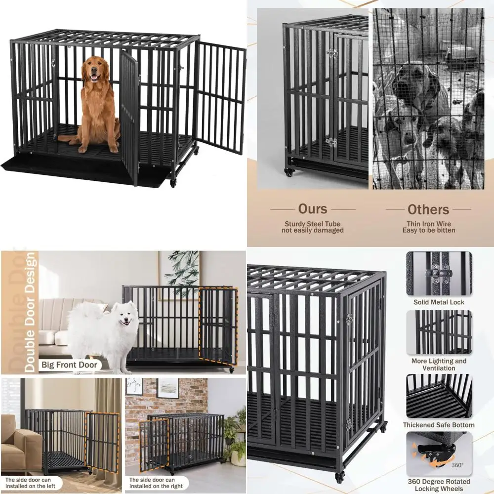 

Large Heavy-Duty Metal Dog Crate with Dual Doors, 42 Inch, Stackable and Wheeled for Large and Medium Dogs