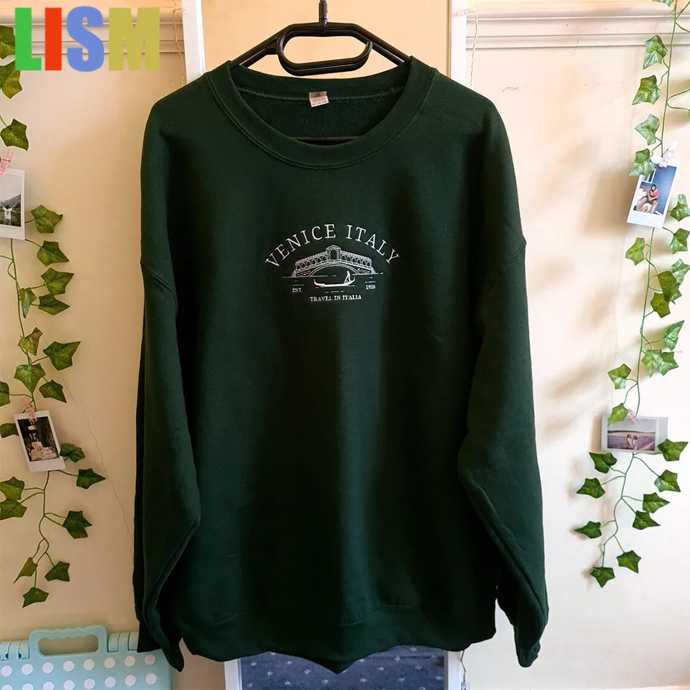 

LISM Embroidered y2k hoodies sweatshirt 2025 Women Retro Style Cotton Thick Warm Tops Long Sleeve Loose Crewneck Jumper