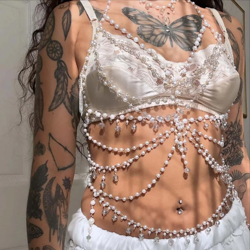 

Women Body Jewelry multilayer Bra chain Sexy Bikini Pearl Handmade Chest Chain Belly Band Nightclub Fashion Tassel Body Chain