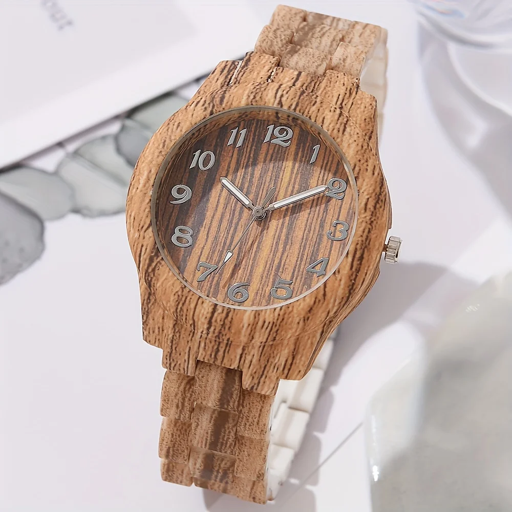 4pcs Casual Fashion Quartz Watch For Women Analog-digital Pointer Gifts With Gifts Set Wood Color Watch Wrist