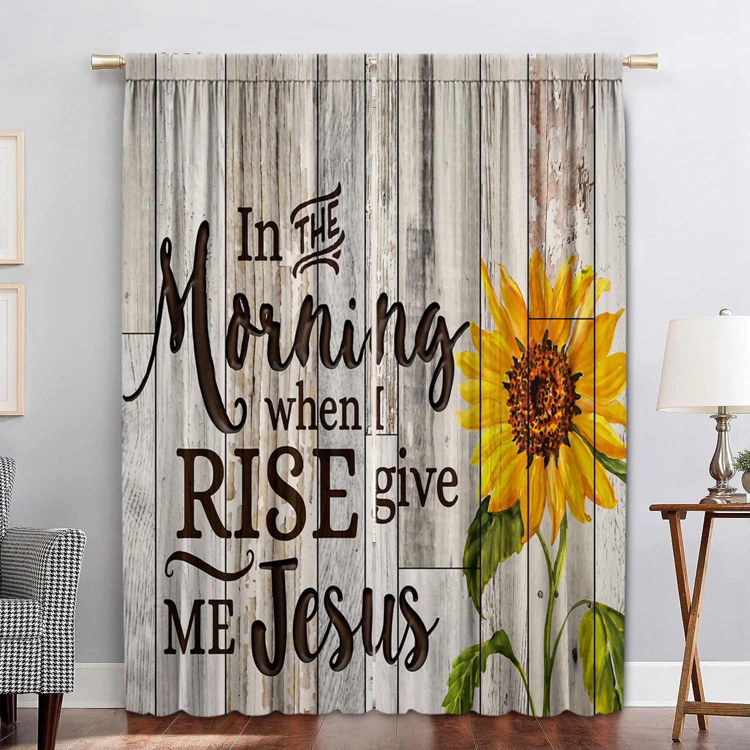 2PC Decorative Curtains - Sunflowers On Rural Wooden Walls - English Sunflowers With Rod Bag Curtains, Suitable For Bedroom,Gard