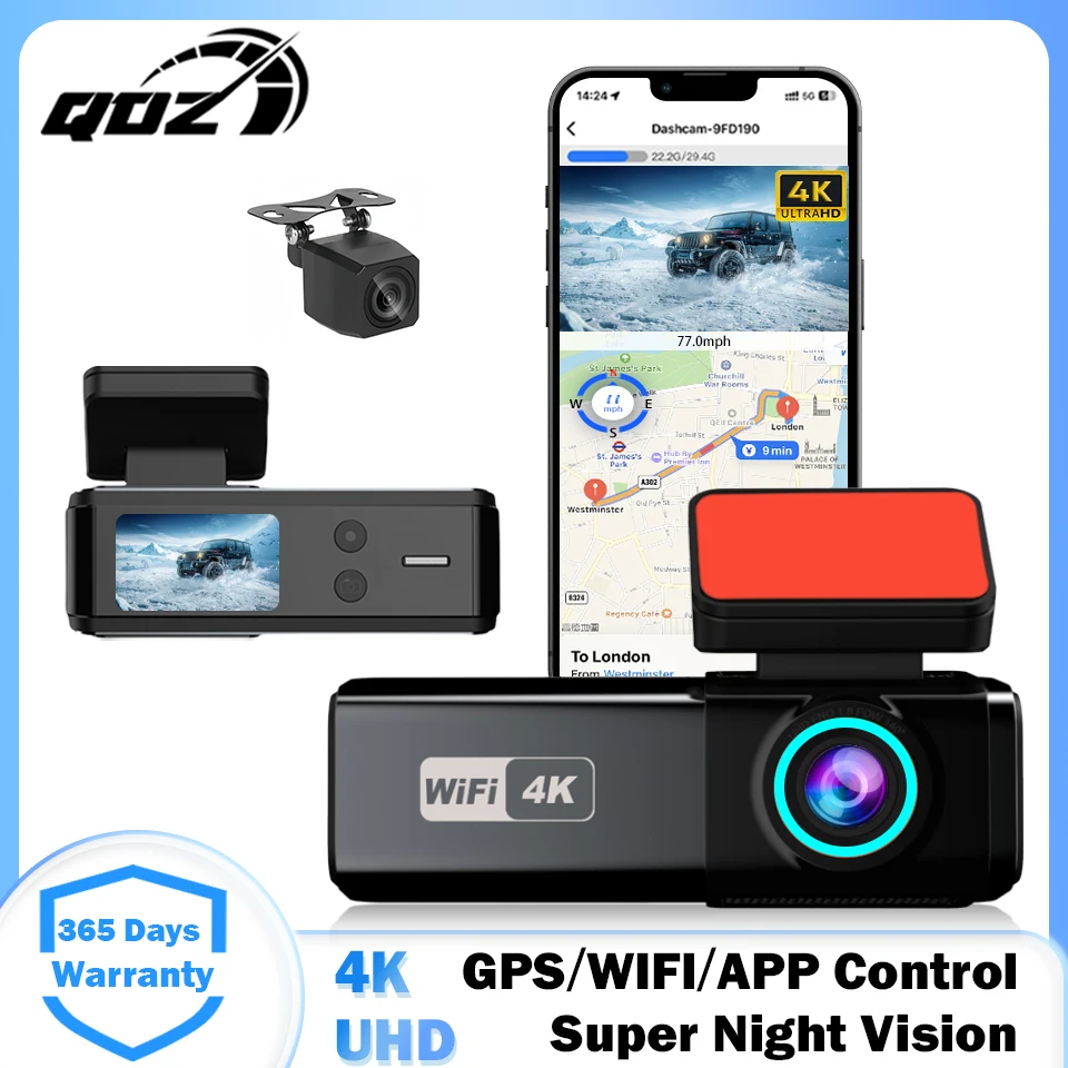 QOZ UHD 4K Dash Cam For Car DVR WiFi Dash Camera Vehicle Car Recorder HD Video Recorder Web App Control Black Box