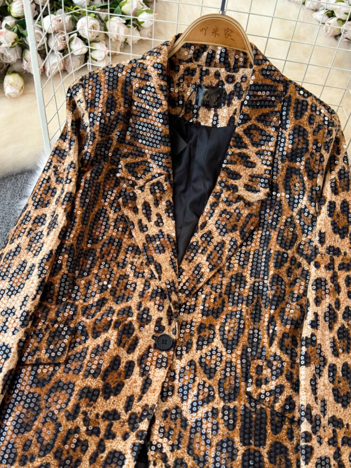 Street Style Leopard Print Suit Blazer Female 2024 Autumn New Fashion Sequined Temperament Suit Collar Loose Coat Jacket Women