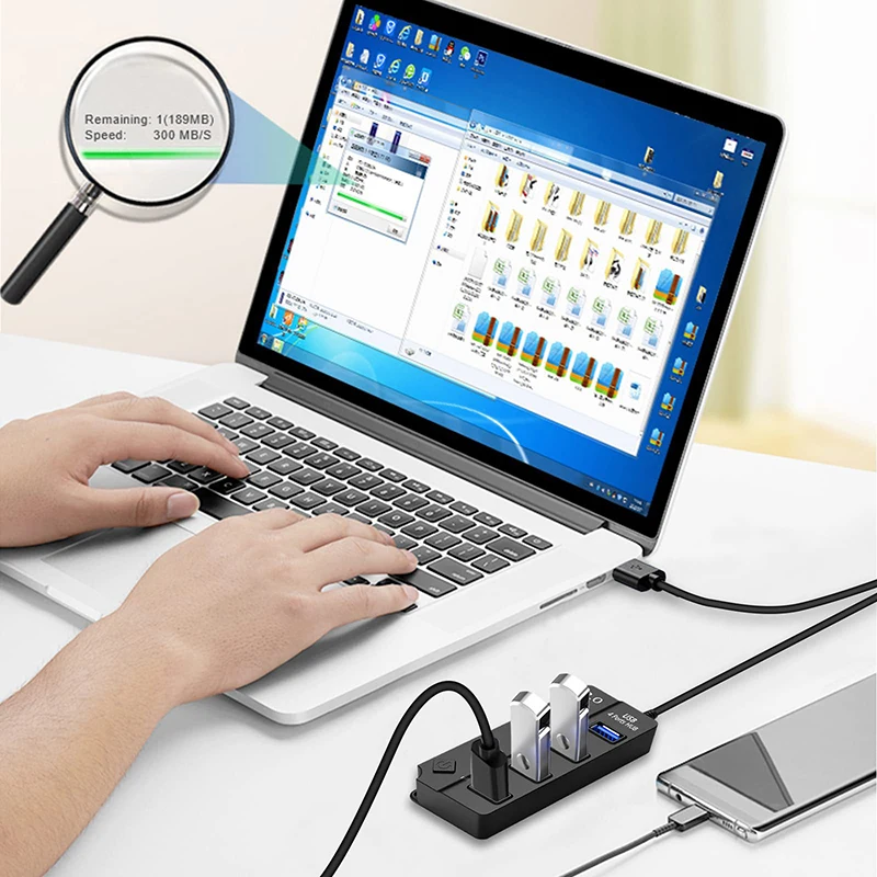 USB3.0 HUB 4in1 7in1 USB Splitter .0 USB Adapter Multi-Port Independent Power Switch Extender 30CM Cable