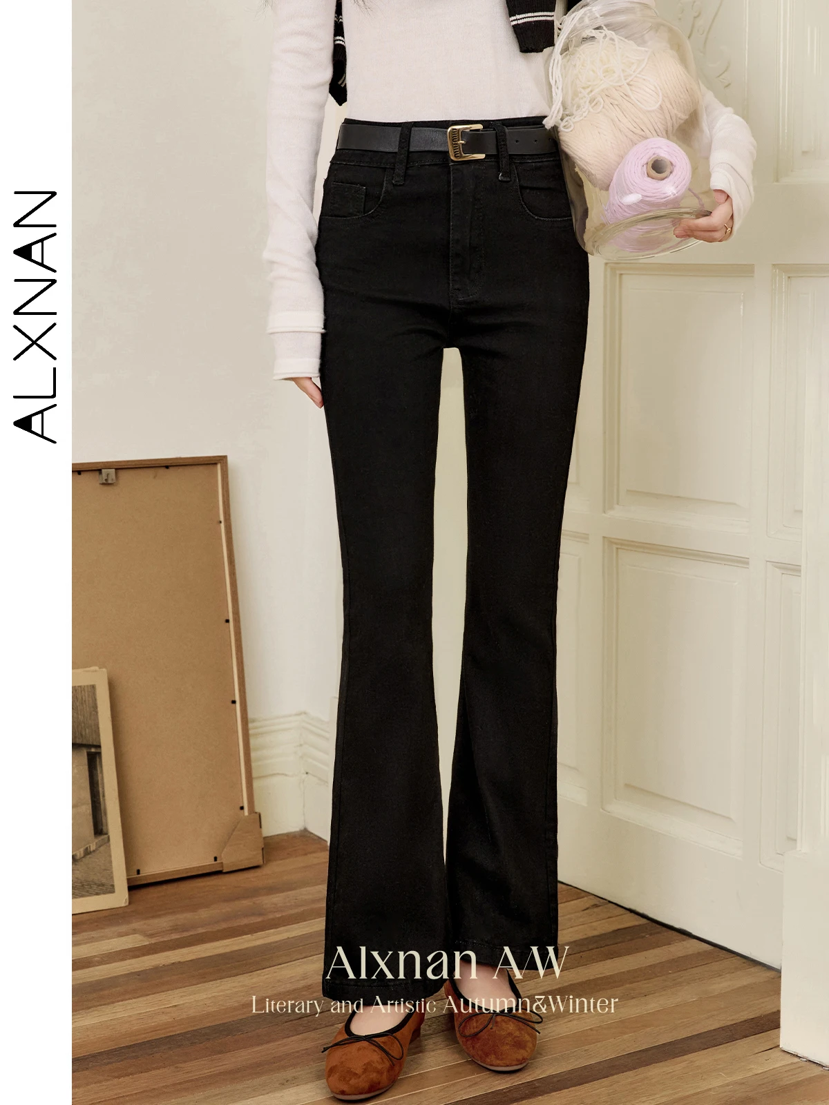 ALXNAN 블랙 플레어 진 2025 더블 버튼 소프트 엘라스틱 여성 바지 우아함 내추럴 가을 겨울 여성용 바지 L50607