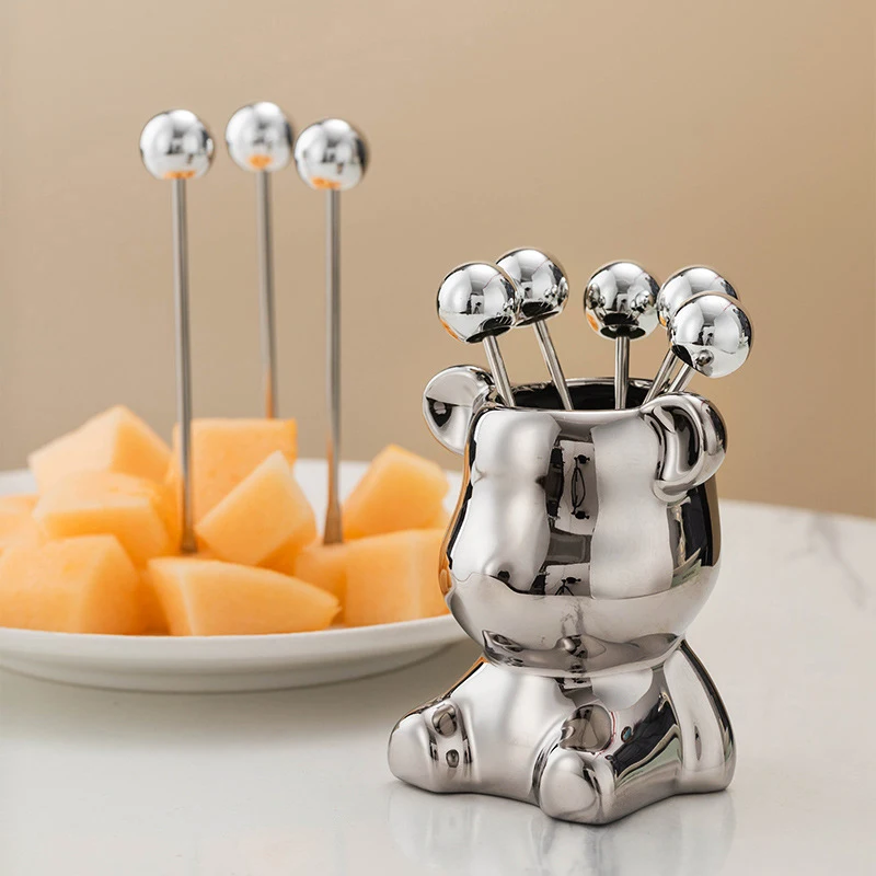 6pcs Stainless Steel Dessert Forks With Storage Jar Cute Bear Utensils For Party Tasting Dessert Fruit Pickle Fruit Salad