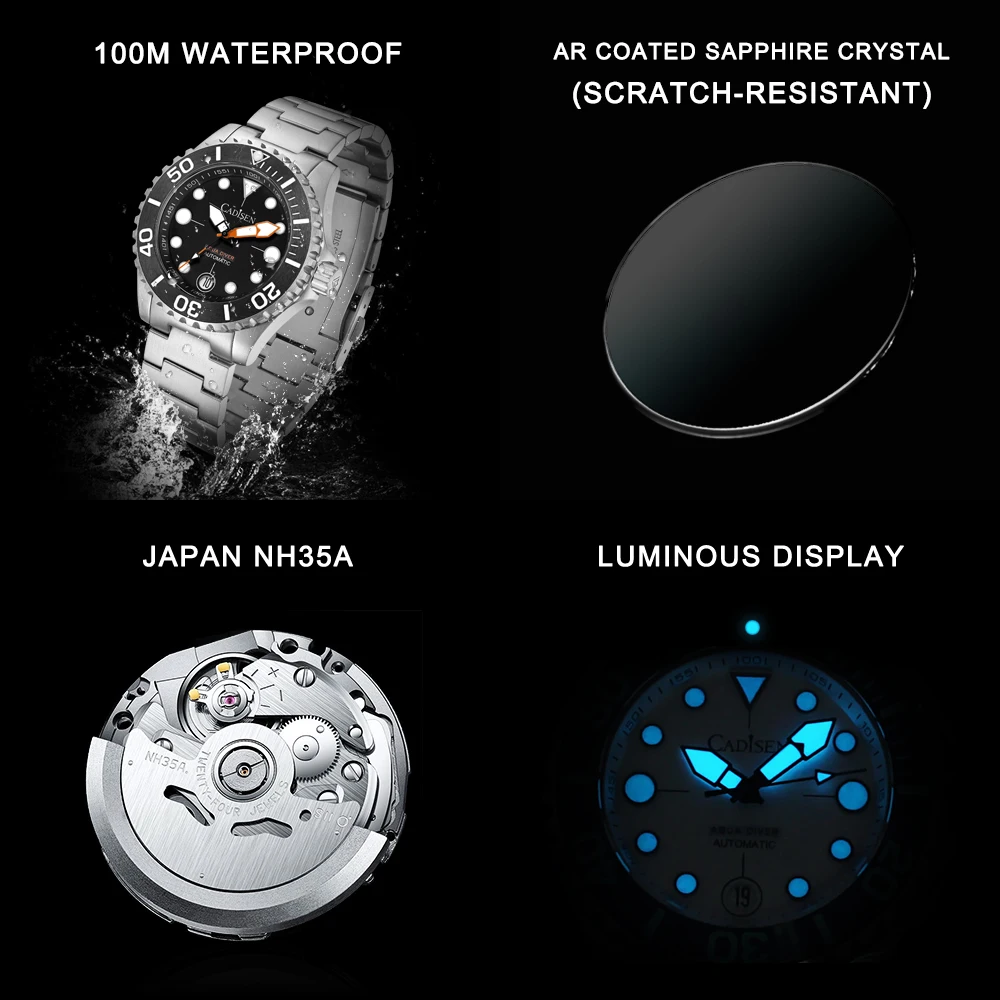 CADISEN 2024 New Sapphire Watch Men Brand Luxury Automatic Watch Japan NH35A 100M Waterproof Luminous Mechanical Wristwatch Man