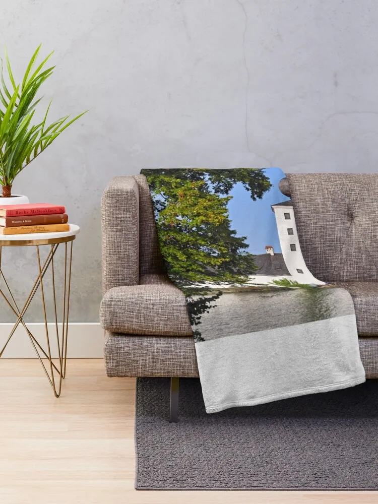 Castle Schloss Ort Orth on lake Traunsee in Gmunden summertime Throw Blanket Designers Cute Beach Blankets