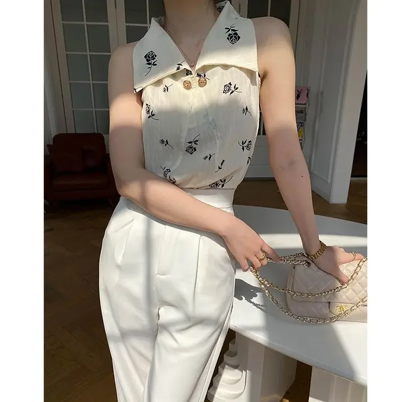 الرجعية قطع الكتف قميص بدون أكمام المرأة الصيف جديد كبير طوق قميص مطبوع الفرنسية التخسيس الكتف الشيفون الإناث بلوزة