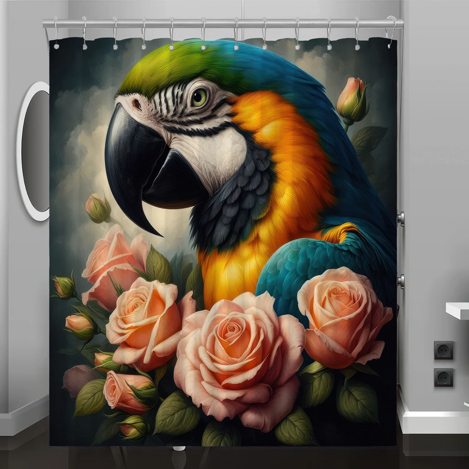 Parrot pattern digital print shower curtain, bathroom renovation home décor, free hooks