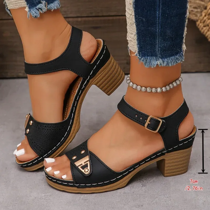 

Women's Chunky Heel Sandals Adjustable Buckle Strap Plus Size Shoes Solid Color One Line Fashion Sandals for Women Summer 2025