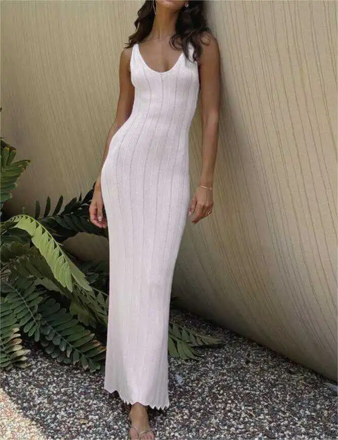 

Sexy Beach Svel Strap Midi Dr Tight Fitting Women Summer Long A-Line Skirt Polyester round Ne T-ape Silhouette