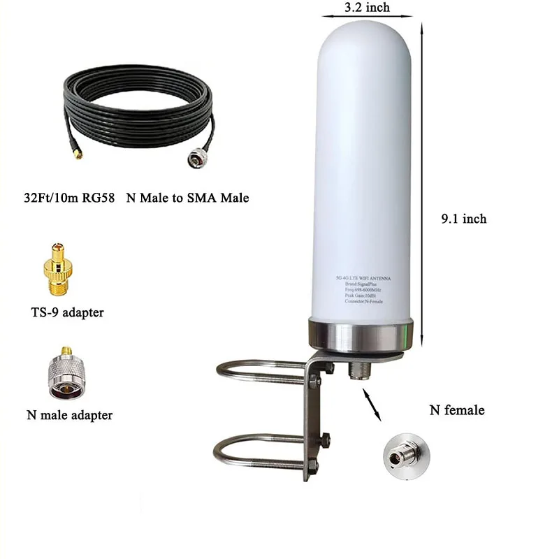 Omni Directional Cellular Router Antenna, Cell Phone Signal Booster, 4G, 5G, LTE, 698-6000MHz,10dBi Cable Pole ourdoor