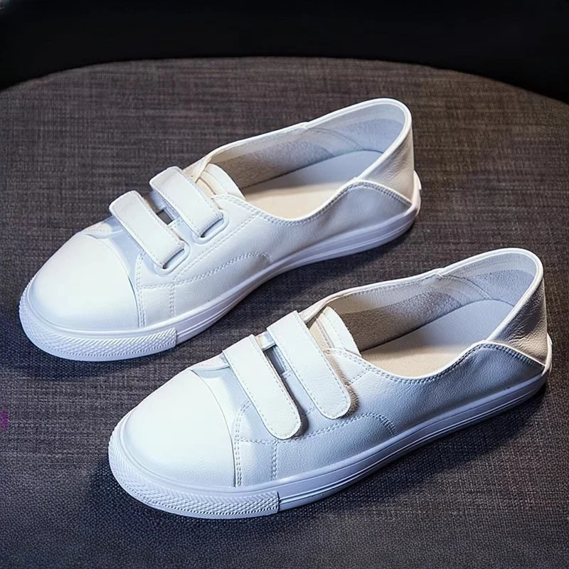 Women's Leather Velcro Little White Shoes Summer Breathable Cowhide Shallow Mouth Pedal Flat Baseplate Lazy Single Sneakers