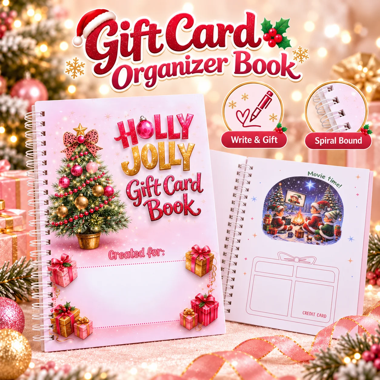 Christmas Gift Card Booklet, Spiral-bound, Cheerful Christmas Tree Design, Holiday Gift Card Organizer, Creative Gift