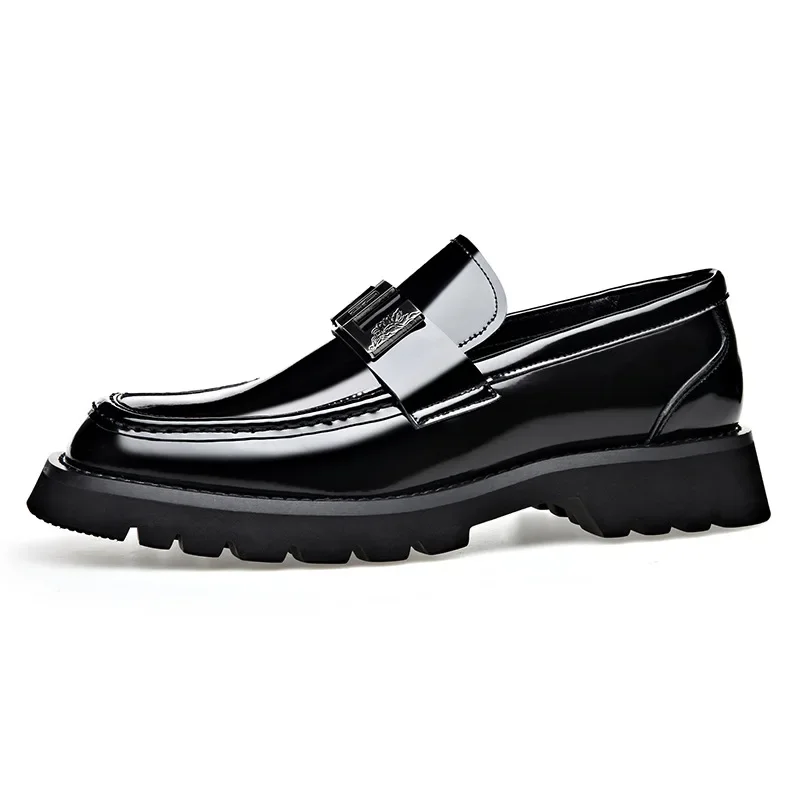 Designer New Thick Soled Bright Metal Men\'s Loafers Fashion Square Head Leather Lightweight Slip-on Retro Plus-size Man Shoes